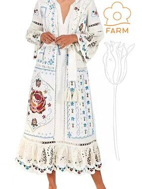 FARM RIO White Multi Colored Embroidered Scarf Maxi Dress